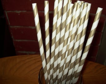 Retro Looking Gold & White Striped Paper Drinking Straws 25