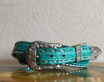 Teal Blue Leather Belt Vintage Distressed Silver Buckle Cowgirl Belt size 34