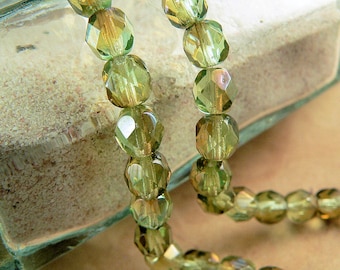Green Czech Glass Beads Chrysolite Celsian Round Firepolished 6mm (25)