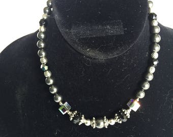 Elegant Dark Gray Pearl and Swarovski Crystal Necklace with Thai & Sterling Silver Accents