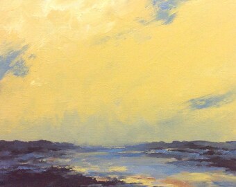 SAFFRON SOFT, oil painting, landscape, original, 100% charity donation, 9"x12" canvas panel, clouds,