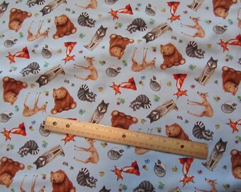 Blue Woodland Animal Bear/Deer/Wolf/Racoon/Fox Cotton Fabric by the Yard