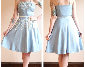 1950s Dress // Sweet Candy Linen Dress // vintage 50s dress