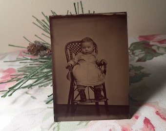 Vintage Tin Type Photo - Toddler in High Chair