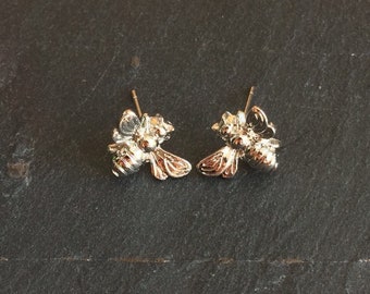 Silver Tiny Cute Bumblebee Honey Bee earrings studs