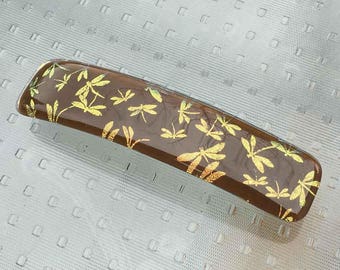 Hair Barrette French Clip, Brown with Gold Dragonflies, Dichroic Glass