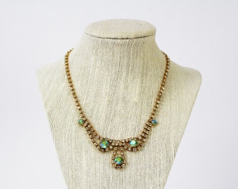 Aurora Borealis Rhinestone Necklace - Gold Rhinestone Bridal Necklace - Vintage 1950s White and Blue Stone Necklace - Something Blue
