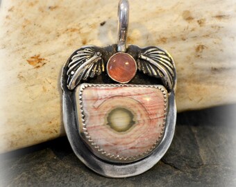 Ocean jasper and pink tourmaline sterling silver pendant. "spring garden"