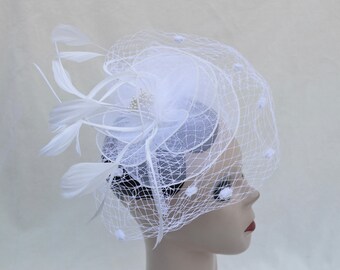 White Bridal Birdcage Fascinator / Wedding Fascinator With Lace, Netting And Feather Trim / Vintage Inspired W