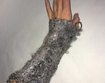 RESERVED Felted Mittens Handmade Fingerless Felt Arm Warmers OOAK Wool Silk Textured Felt Gift