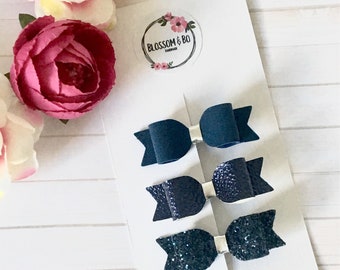 Navy blue hair bow set, glitter bow clips, girls hair bow set
