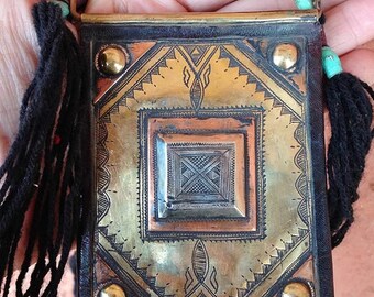 Tuareg Tscherot AMULET on dark Red Leather made of Red, Light Copper and Silvermix, with Cord of Soft Wool