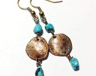 Sand Dollar Earrings, Etched Copper Earrings with Turquoise - Free Domestic Shipping