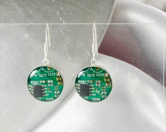 Circuit Board Earrings, Green Sterling Silver Jewelry, Green Dangle Earrings, Industrial Chic, Women in Computing, Wearable Technology