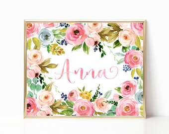 Floral Nursery Decor. Baby Girl Gift. Girl Nursery Wall Art. Girl Nursery Decor. Nursery Name Sign. Baby Name Sign. Personalized Name Print.