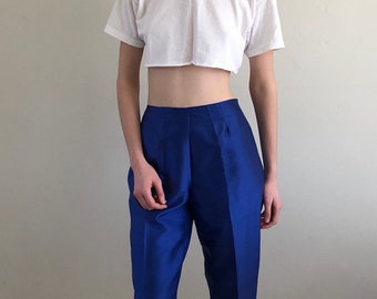90s cropped silk pants / cobalt blue cigarette pants / cropped silk trousers / high waist silk pants |