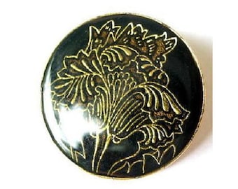 Vintage metal button black with gold color flower 26mm