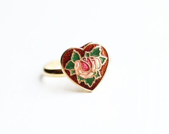 Rose Heart Ring, Enamel Heart Ring, Heart Ring, Red Ring, Gold Heart Ring, Enamel Ring, Flower Ring, Red Enamel Ring, Small Gold Ring, Ring