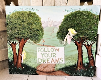 Fairy painting original altered upcycled fairytale landscape castle inspirational message/ free shipping US