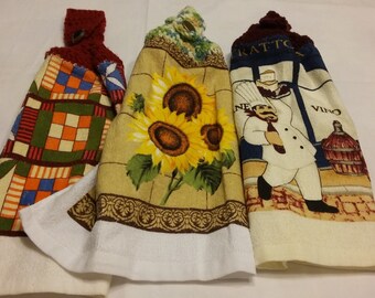 Kitchen Towels / Crocheted Top Kitchen Towels / Kitchen Hand Towels / Hanging Hand Towels
