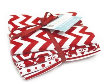 Fabric Bundle, Quilting Fabric, Fat Quarters, Chevron/Dots/Stripes, Craft Supplies, Waverly Fabric, Sewing Material, 5 Piece Red/White