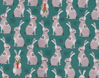 Charming Bunnies: Teal & Gray - Japanese Import Fabric (By the Half Yard)