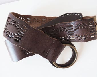 Thick Leather Belt Dark Brown Leather Belt Genuine Leather Belt Cutout Leather Women Belt Wide Perforated Leather Belt Boho Fashion