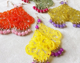 Colorful Gemstone Chandelier statement earrings, Mother's day gift, Vintage Lucite filigree boho crystal earrings, Ethnic earrings