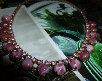 Pretty Pink Moonstone And Rhinestone Choker / Necklace 1950's-1960's