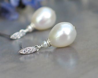 Teardrop Pearl Earrings | White Freshwater Drop Pearl | Petite Marquise CZ Sterling Silver Studs | Silver Pearly Everlasting | Made to Order