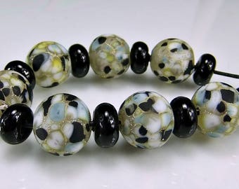 Etched Black Gray Silver Lampwork Bead Set SRA Lampwork Glass Beads
