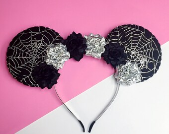 Black and Silver Foil Spider Web Minnie Mouse Ears Headband