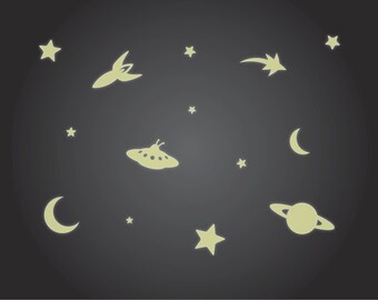 Glow in the Dark Ceiling Stickers - Luminous Rocket, Stars, UFO and Moon