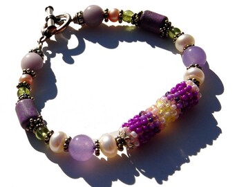 Sterling and Beadwoven Bracelet with Purple Gemstone Beads