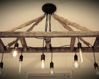 Vintage Farmhouse Ladder Chandelier with Edison Bulbs made with Reclaimed Rustic Barnwood