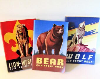 Vintage 1954 Cub Scout Books: Wolf, Lion-Webelos and Bear Handbooks-3 books