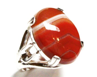 Agate ring, striped agate ring, agate cabochon ring, solitaire ring, anniversary, orange white brown, s 6 1/4 "Sienna"