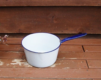 Enamelware Pot, Vintage Blue and White Enamel Pot, Enamelware pan