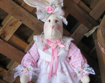 Shabby Chic Bunny, Country Bunny, Victorian Bunny, Easter Decor Bunny, Handmade Fabric Bunny, Fabric Bunny Doll, Pink Bunny