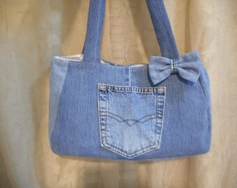 Up Cycled Denim Pocket/ Bow Lined Handbag Style 2 Ready To Ship Clearance
