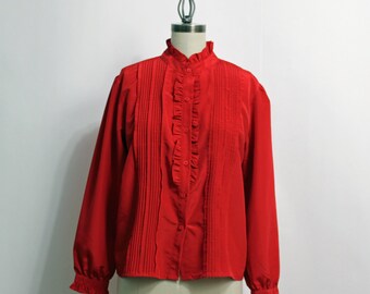 1980s red ruffle front blouse - pintucks and puffed sleeves - size medium