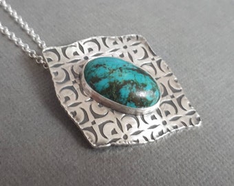 Genuine turquoise necklace, sterling silver turquoise jewelry, december birthstone jewelry, unique gifts, large pendant, big, metalwork