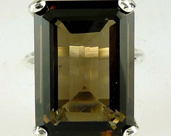 Large Smokey Quartz Emerald Cut Ring .925 Sterling Silver 18X13 MM - 13.19 Carats