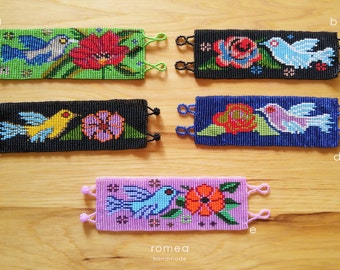 Mexican Beaded Bracelets - Geometric and Birds Pattern - Huichol Art - Romea Accessories - Jewelry - Chaquiras