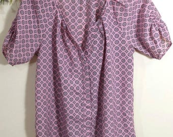 Vtg Kenar Pink Novelty Medallion Print Blouse, Pleated Neck, Hidden Buttons, Short Ruched Dolman Sleeves, Polyester Blouse, Large