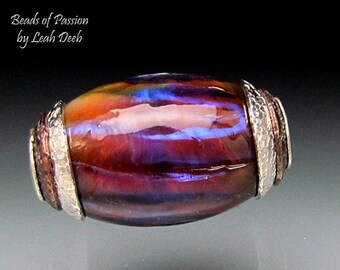 Leah Deeb Artisan Glass BHB Bead Focal Lampwork - Rainbow Pleated Copper Capped