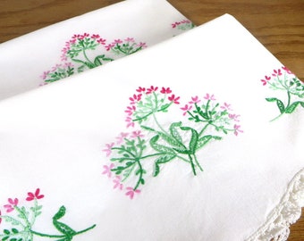 Vintage White Pillowcases with Pink and Green Embroidered Flowers 1950's Bedroom Linens Cottage Chic Bedding Cotton Pillowcases