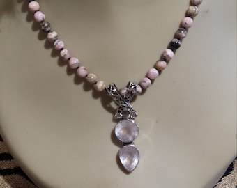 Sterling silver rose quartz pendant with Rhodochrosite necklace