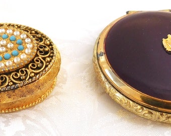 ELGIN AMERICAN 1940s Enamel Powder Compact + Vintage beaded pillbox