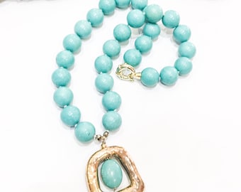 Turquoise Bead and Ceramic Pendant Necklace
